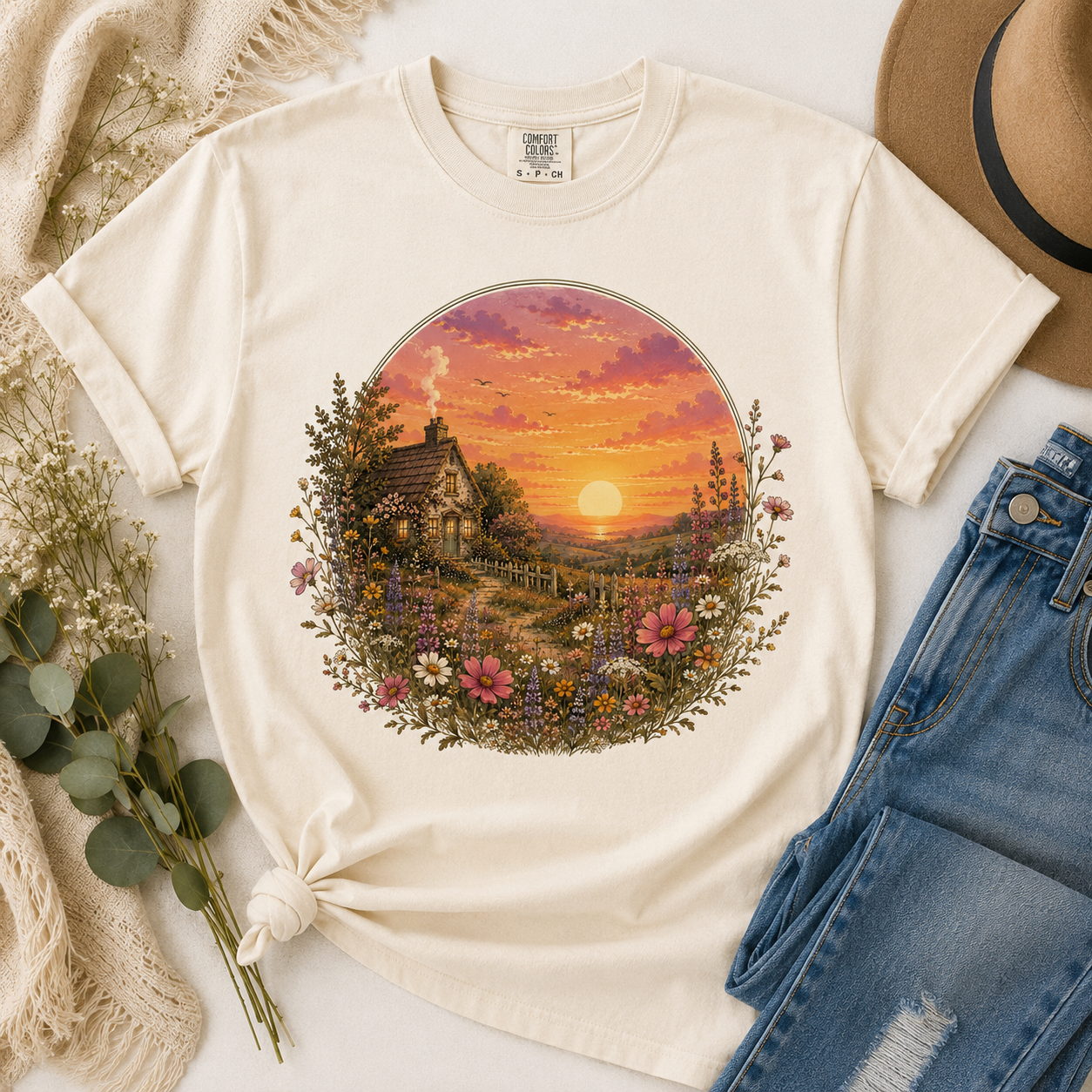 Sunset Cottage Tee — Vintage Floral Sunset T-Shirt