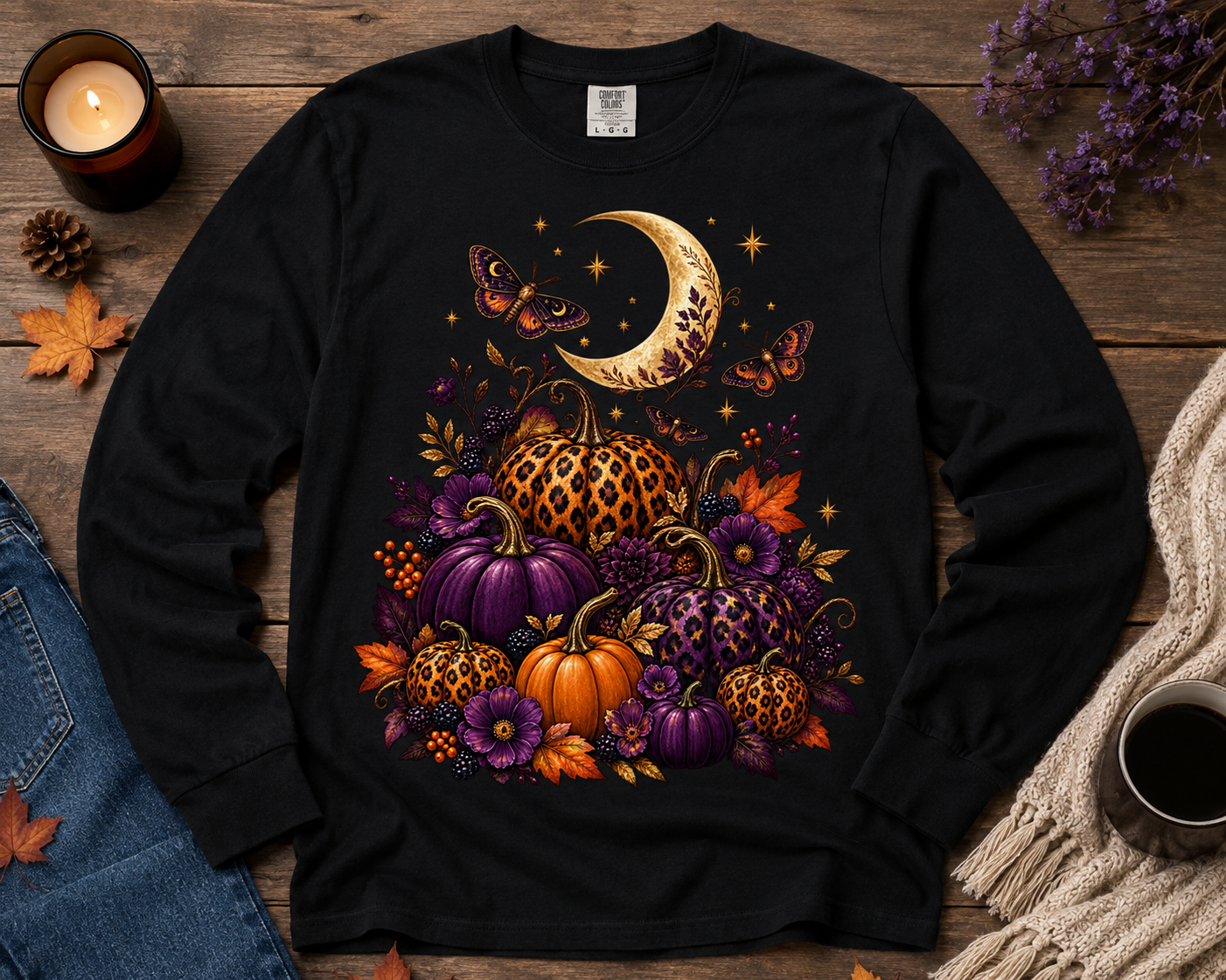 Autumn Moon Pumpkin Animal Print Long Sleeve Tee
