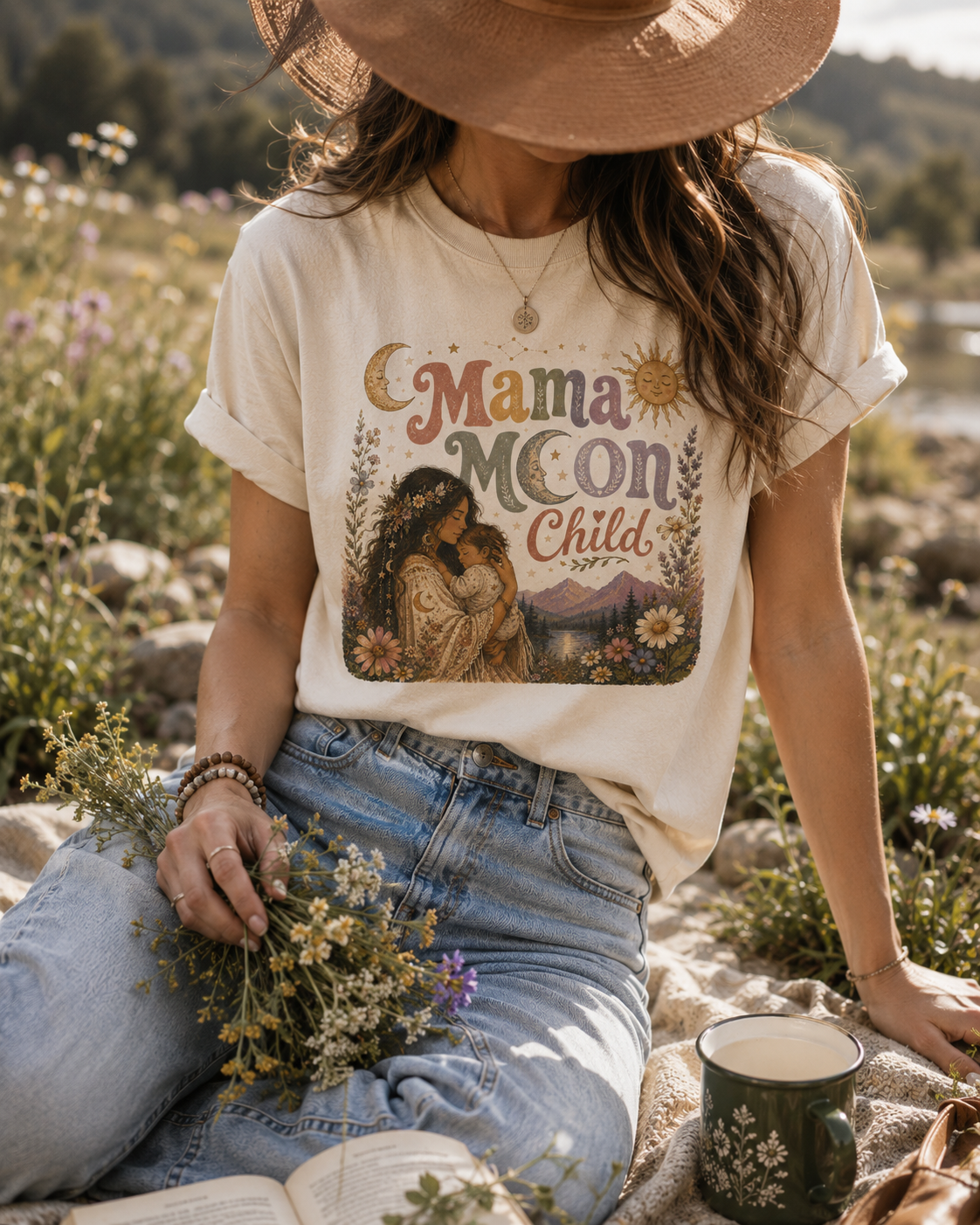 Mama Moon Child Tee — Vintage Boho Mother & Child Graphic T-Shirt