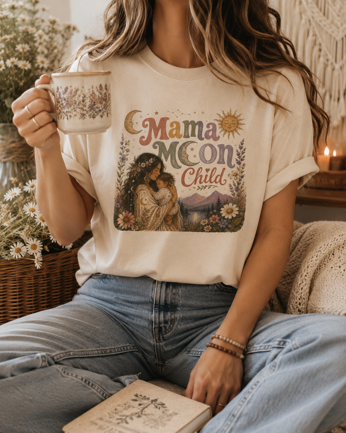 Mama Moon Child Tee — Vintage Boho Mother & Child Graphic T-Shirt