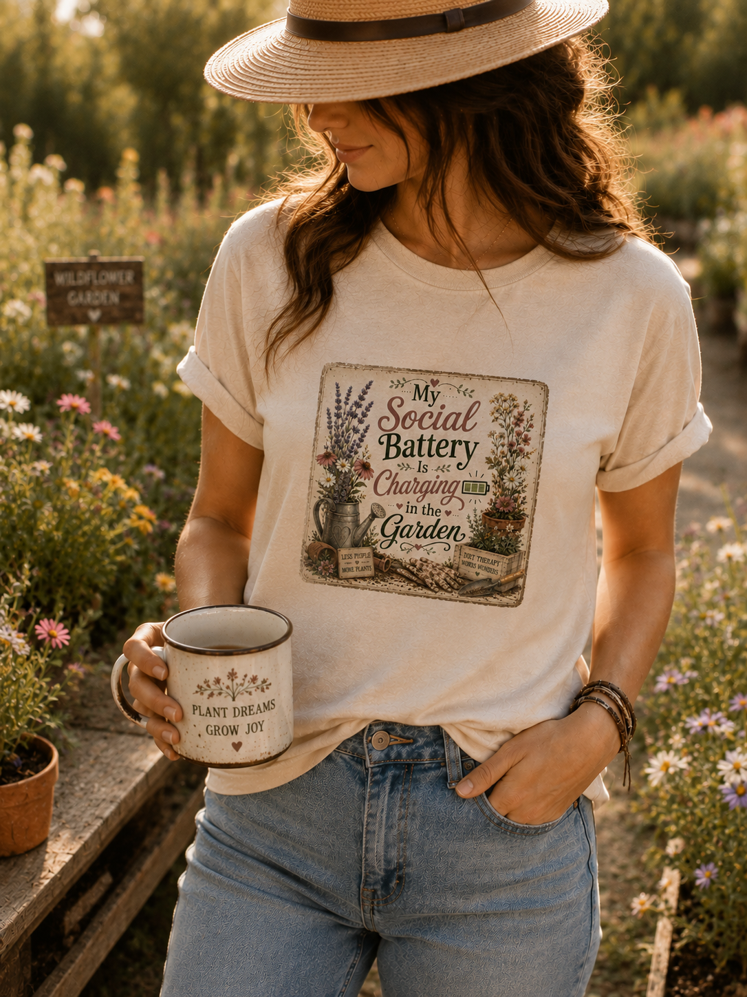 Gardening T‑Shirt — "My Social Battery Is Charging in the Garden" Vintage Floral Tee