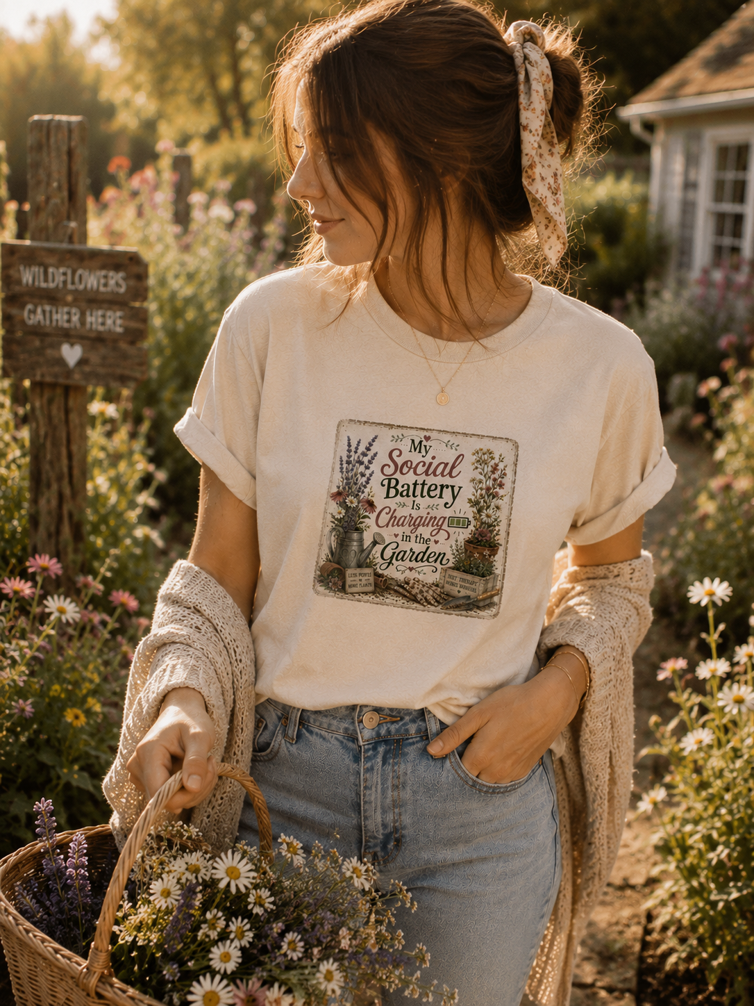 Gardening T‑Shirt — "My Social Battery Is Charging in the Garden" Vintage Floral Tee