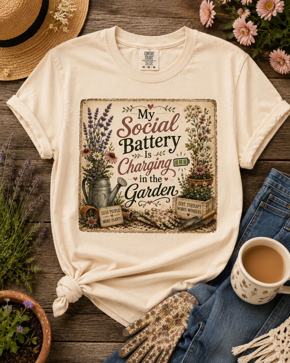Gardening T‑Shirt — "My Social Battery Is Charging in the Garden" Vintage Floral Tee