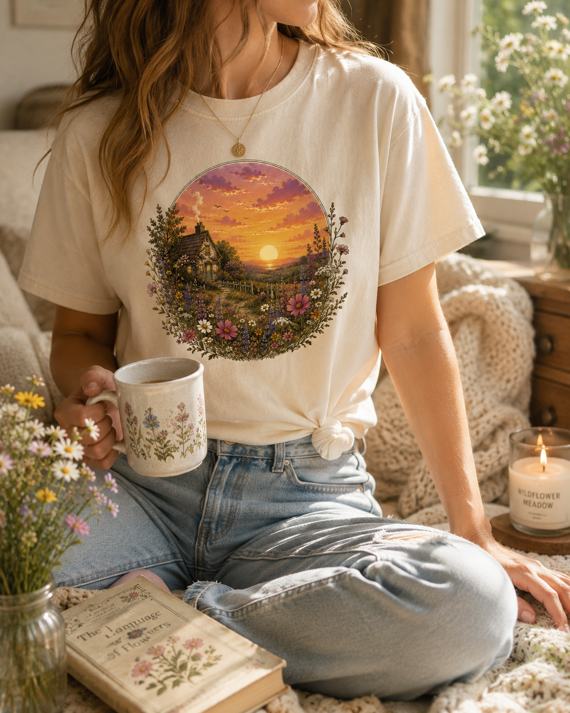 Sunset Cottage Tee — Vintage Floral Sunset T-Shirt