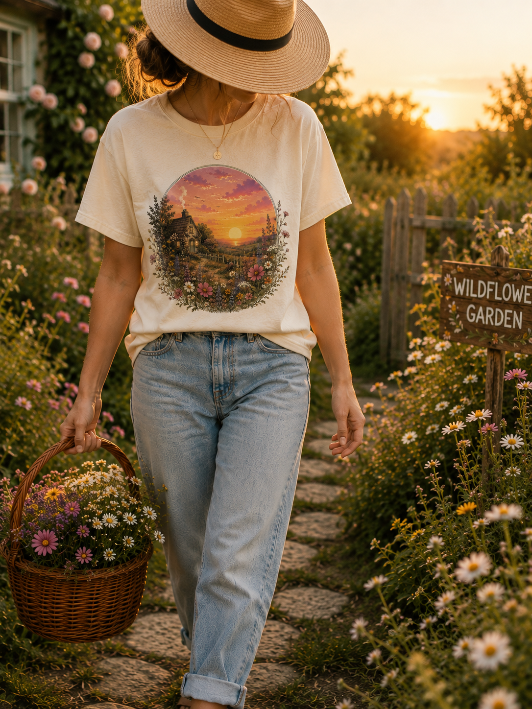 Sunset Cottage Tee — Vintage Floral Sunset T-Shirt