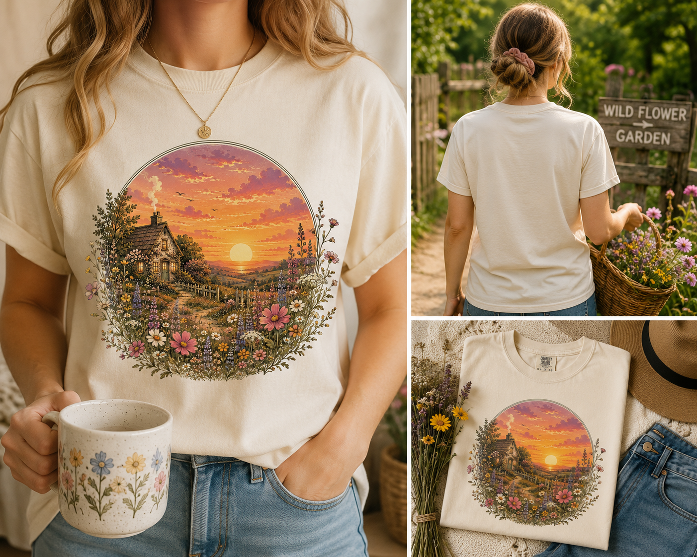 Sunset Cottage Tee — Vintage Floral Sunset T-Shirt