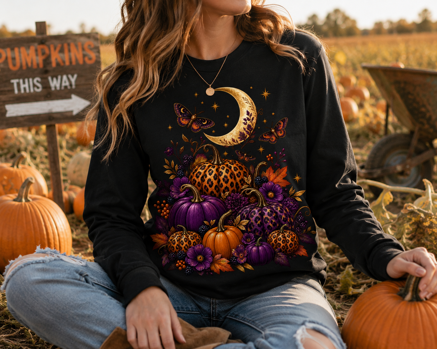 Autumn Moon Pumpkin Animal Print Long Sleeve Tee