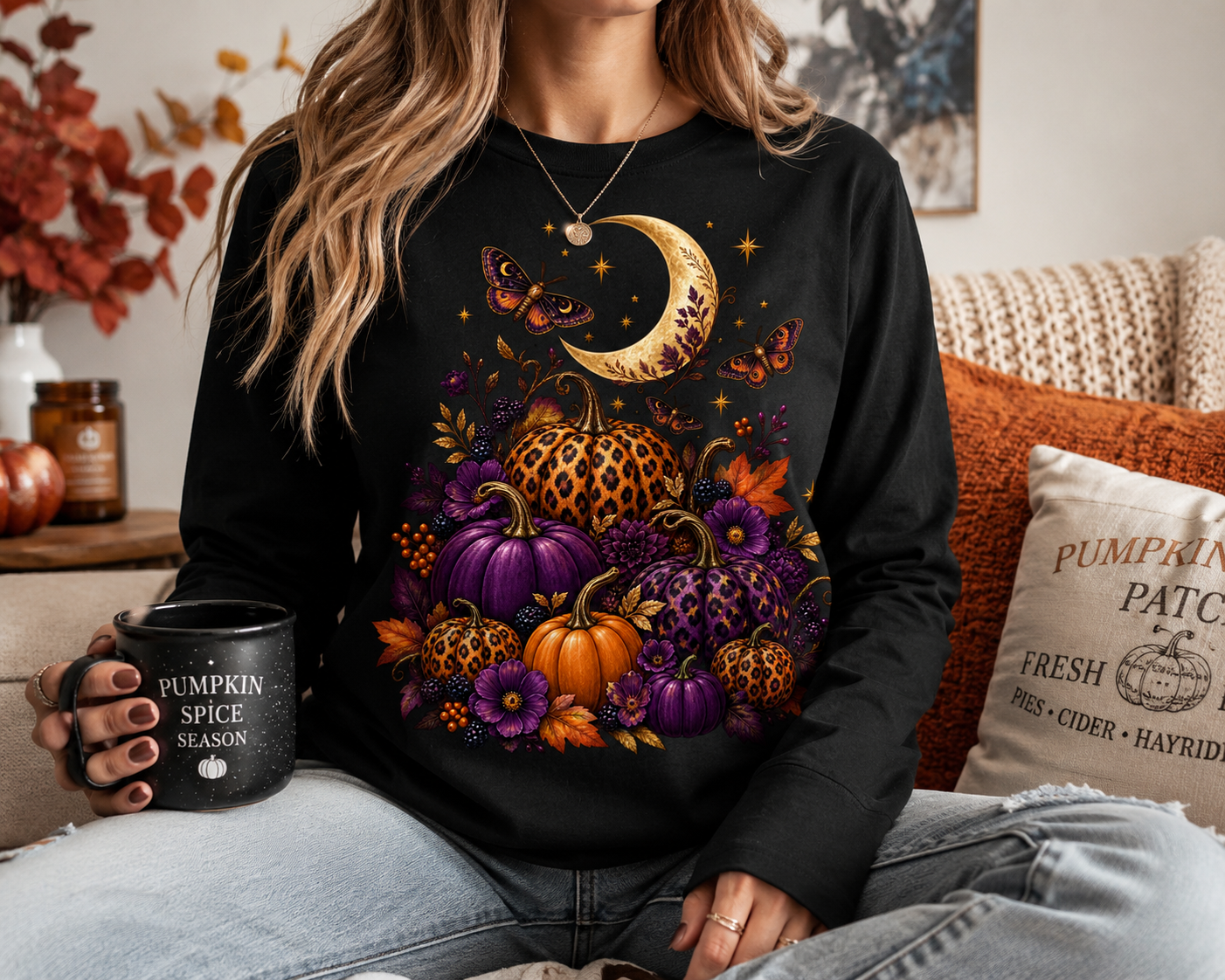 Autumn Moon Pumpkin Animal Print Long Sleeve Tee